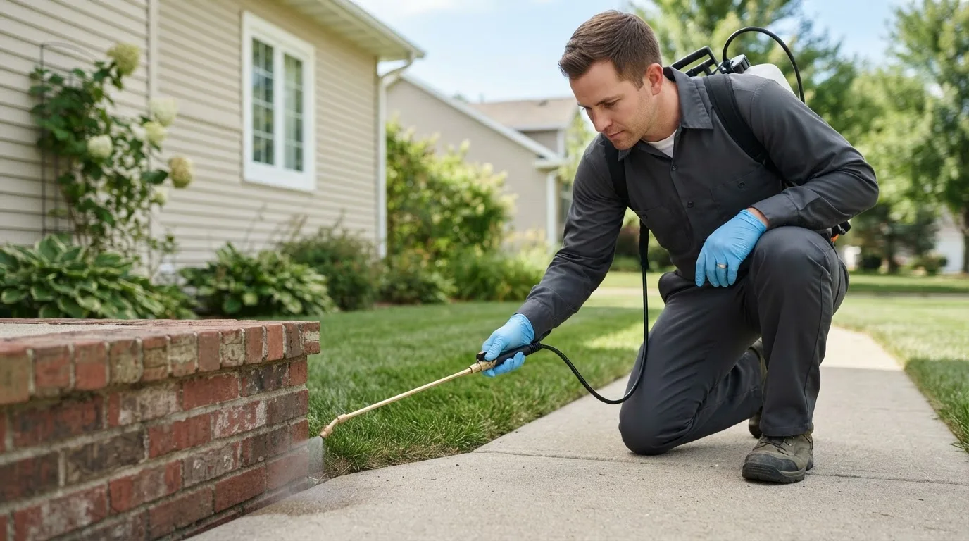 Pest control technician treating a home near Hague, VA